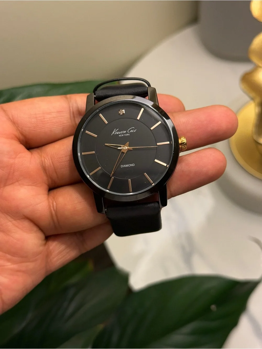 Kenneth Cole New York Black Dial Black Leather Strap Watch with Gold Accents men